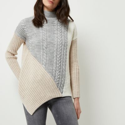 Grey cable knit panel turtleneck jumper
